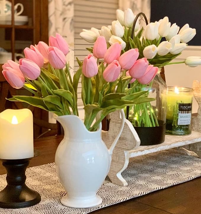 DEEMEI Tulips Artificial Flowers 20 Pcs Pink Fake Tulip Stems Real Touch PU Tulips for Easter Spring Wedding Bouquet Home Centerpiece Floral Arrangement Table Décor