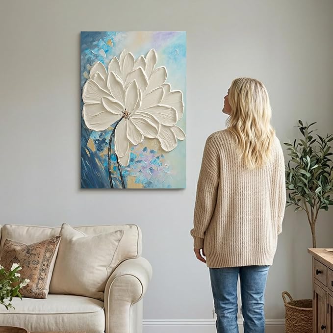 JUHOME Hand-Painted White Floral Canvas Wall Art, 24x36 In Textured Abstract Oil Painting, Vertical Modern Artwork for Living Room, Bedroom, Corridor, Office Decoration