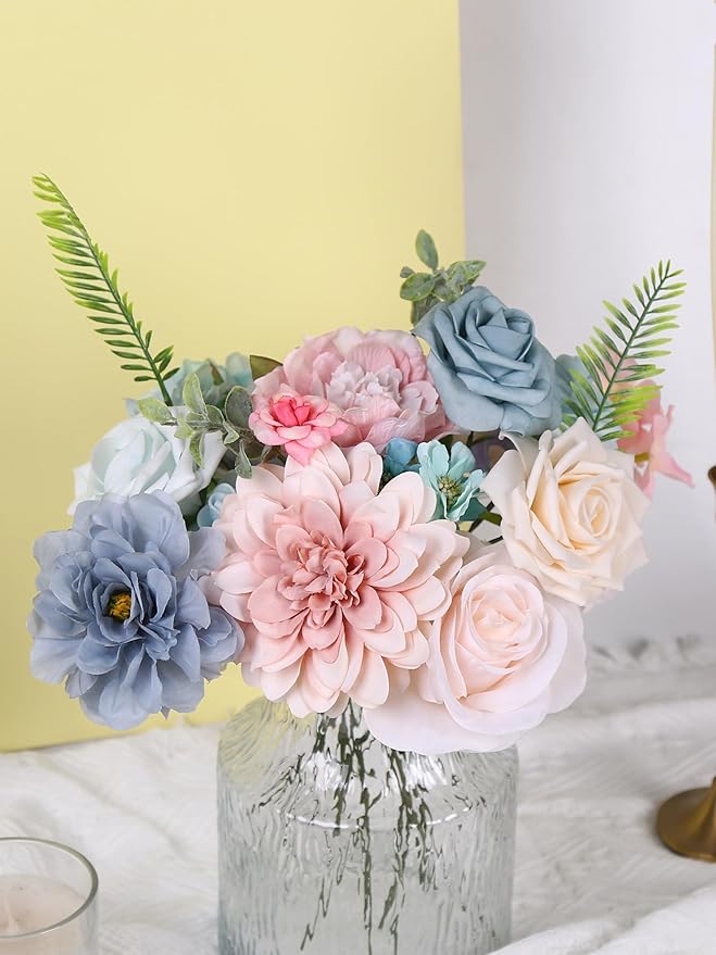 Pink and Blue Flowers Combo Box, Pink Silk Fake Rose Light Blue Flowers for DIY Floral Arrangements Wedding Bouquets Centerpiece Baby Shower Party Decoration (Blue Pink)