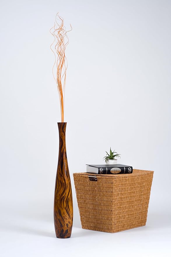 Leewadee Large Brown Home Decor Floor Vase - Wooden 26 inch Tall Farmhouse Decor Flower Holder for Fake Plant and Pampas Grass