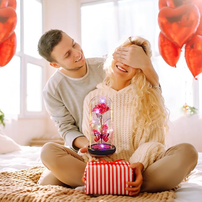 Pusuny Christmas Rose Gifts for Women Birthday Gift Galaxy Glass Rose Forever Eternal Crystal Flower Light Up Roses in Glass Dome with Butterfly Xmas Gifts for Women Mom Grandma Wife Her Sister Red