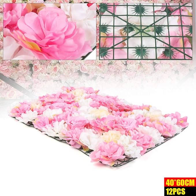 16"x 24" Artificial Flower Wall Panels,Flower Wall Mat Silk Flower Panels for Outdoor Garden Backyard Fence Fence Privacy Screen and Indoor Wall Decor(12Pcs Pink+Light Yellow+White)
