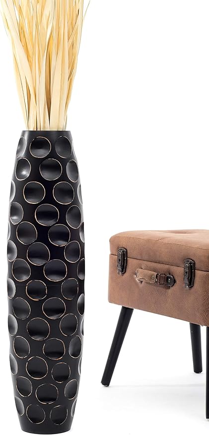 Leewadee Large Black Home Decor Floor Vase - Wooden 26 inch Tall Farmhouse Decor Flower Holder for Fake Plant and Pampas Grass