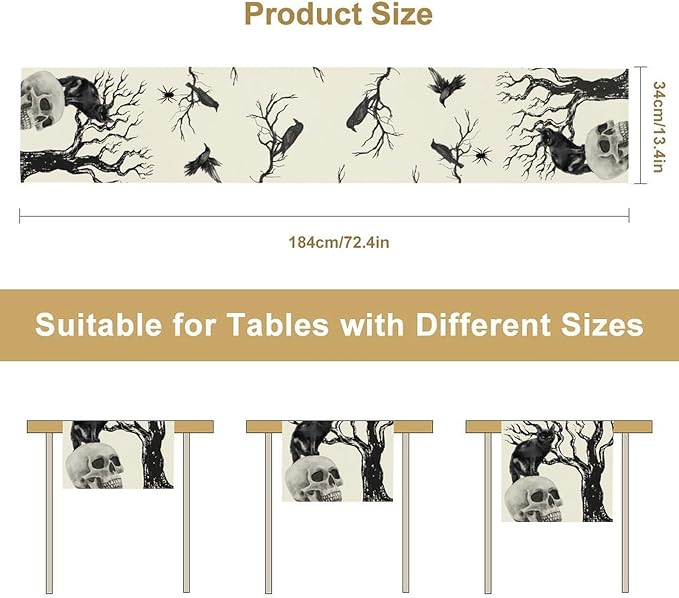 Gothic Table Runner, Black Cat Day of Death Crow Skull Halloween Witchy Retro Coffee Table Center Decor for Home Kitchen Dining Patio Holiday Party Table Decorations 13x72 inches