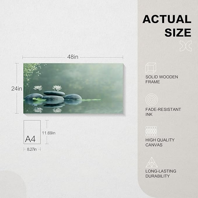 Iallbin Zen Stone Wall Art & Zen Wall Decor, Tranquil misty pond two white lotus flowers -for Yoga Meditation Room, Spa & Bathroom, Green Serenity Art Deco Style, Ready to Hang, 58x29 Inches