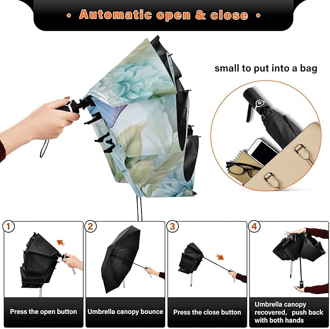 Automatic Folding Umbrella Windproof Strong, UV Protection Compact Floral Hydrangea Hummingbird Sun Rain Sun Rain Travel Umbrellas for Women Men