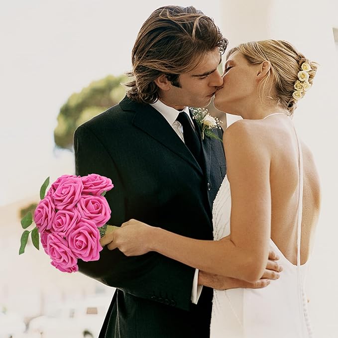 Artificial Roses Flowers 100pcs Fuschia Real Looking Foam Fake Roses with Stems for DIY Wedding Bouquets Bridal Shower Centerpieces Party Decorations (100, Rose Red)