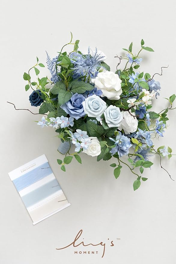 Ling's moment Dusty Blue Wedding Bouquets for Bride, Blue and White Bridal Bouquets for Bride,15 Inch Free Form Artificial Wedding Flower Bouquet