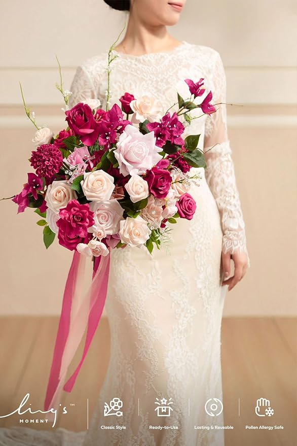 Ling's moment Blush Pink Wedding Bouquets for Bride, Dusty Rose Bridal Bouquets for Bride, 13 Inch Free Form Artificial Wedding Flower Bouquet