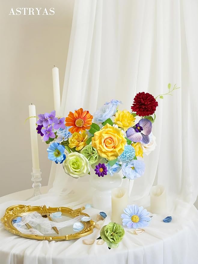 ASTRYAS Artificial Flowers Combo Box Set, Silk Fake Roses Faux Colorful Flowers for Fall Flowers DIY Floral Arrangements Wedding Bouquets Centerpieces Baby Shower Party Home Decorations(Rainbow Color)