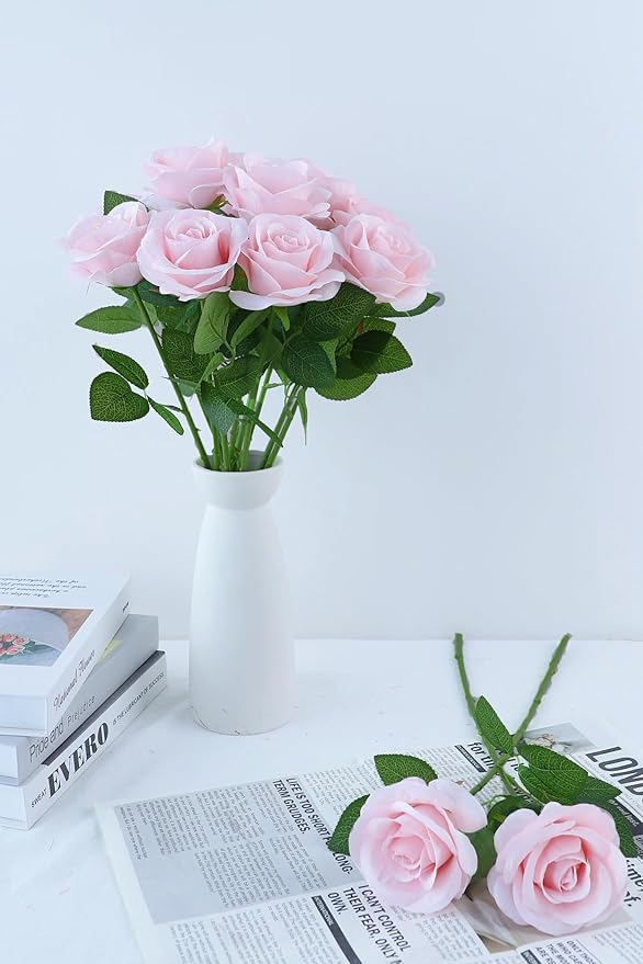 50pcs Roses Artificial Flowers Real Touch Fake Flowers with Long Stems Silk Flowers for Wedding Bouquet Centerpices Decorations Party Bridal Baby Shower Home Decor (Dusty Pink)