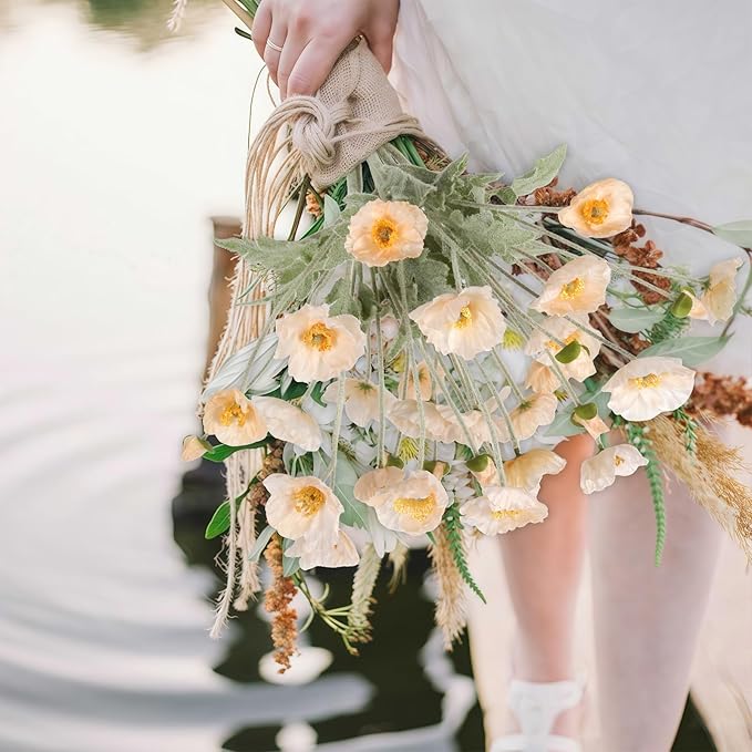 8PCS Champagne Artificial Poppy Flowers 22.8" Fake Silk Poppies Flowers with Stems for Wedding Party Table Centerpiece Home Decor(Champagne)