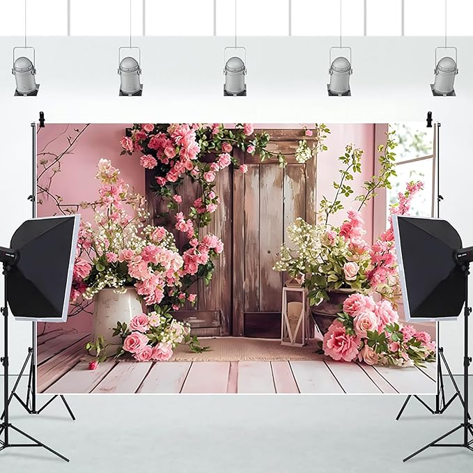AOTOFO 9x6ft Rustic Wood Floral Backdrop for Baby Shower Newborn Studio Picture Photography Wooden Door Pink Flower Wall Background Wedding Bridal Shower Birthday Party Photoshoot Booth Banner