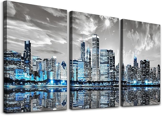 SERIMINO Wall Decor Living Room Modern City Chicago Skyline Large Canvas Wall Art for Bedroom Poster for Office Farmhouse 3 Pieces Set Wood Framed Night Scene Prints Paintings for Home 20"X28"