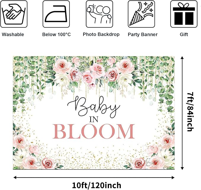 Avezano Baby in Bloom Backdrop Sage Green Leaves with Pink Flowers Baby Shower Party Decorations Baby Girl's Greenery Floral Nature Theme Photography Background Cake Table Banner (10x7ft(120x84in))