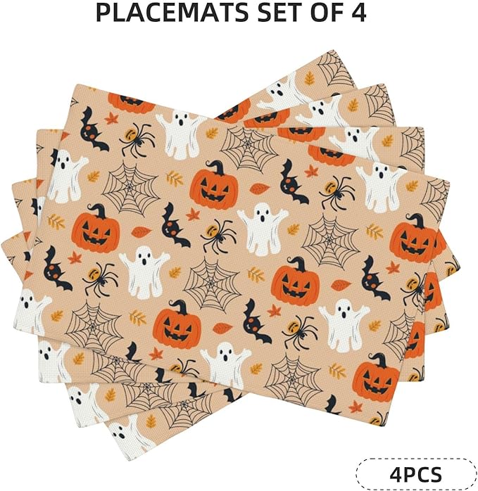 Placemats 4 pcs Halloween Double-Layer Imitation Linen Place Mats Non-Slip Heat-Resistant Tablemats for Home Restaurant Hotel 18×12 Inch