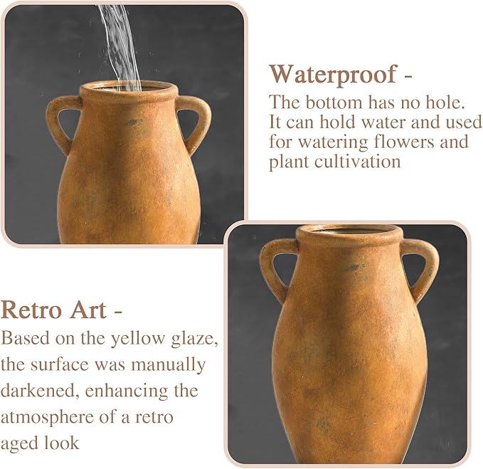 Ceramic Rustic Vase, Vintage Flower Vase with Handle, 9 inch Farmhouse Pottery Flower Vase for Home Decor, Living Room Shelf Decor, Enterway, Table