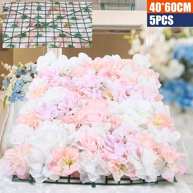 Eapmic 16"x 24" Artificial Flower Wall Panels,Flower Wall Mat Silk Flower Panels for Outdoor Garden Backyard Fence Fence Privacy Screen and Indoor Wall Decor (5Pcs Light Pink+White)