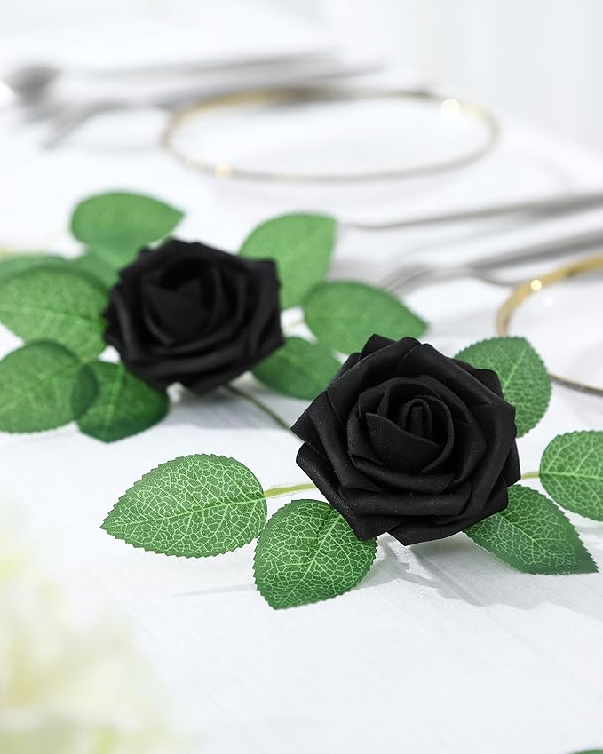 DuHouse 50Pcs Artificial Roses Flowers Fake Roses with Stems Real Touch Foam Flowers for DIY Wedding Bouquet Baby Shower Centerpiece Floral Arrangement Party Home Decor(Black)
