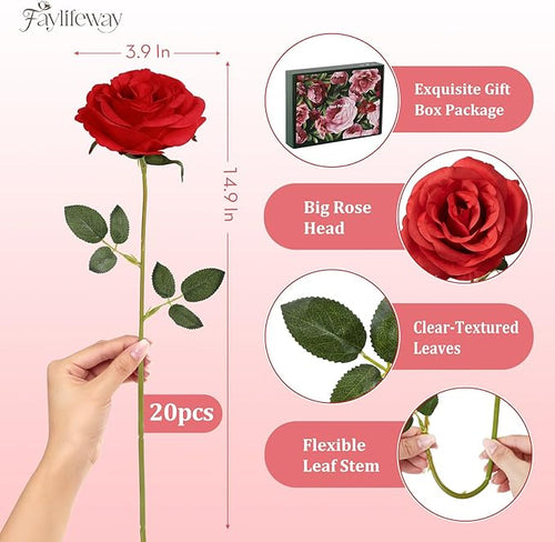 20PCS Artificial Red Roses, 3.9'' Silk Flower Head Fake Red Rose with Long Stems, Realistic Faux Roses Bouquet for DIY Wedding Home Party Office Decoration