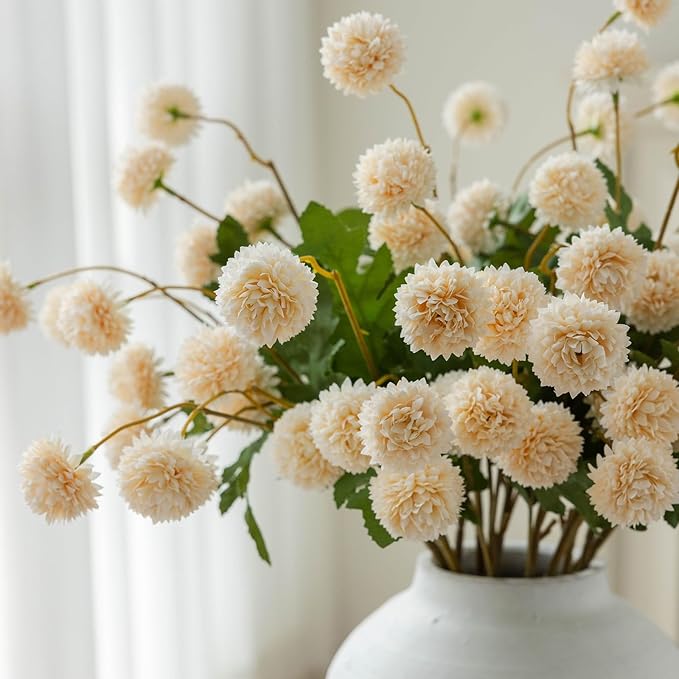 mizii 6Pcs Beige Fake Silk Pompon Mum Artificial Flowers Bulk Small Faux Chrysanthemums with Stems Floral Decorations for Wedding DIY Bouquet Centerpieces Shower Vase Home Decor (Bright Beige)