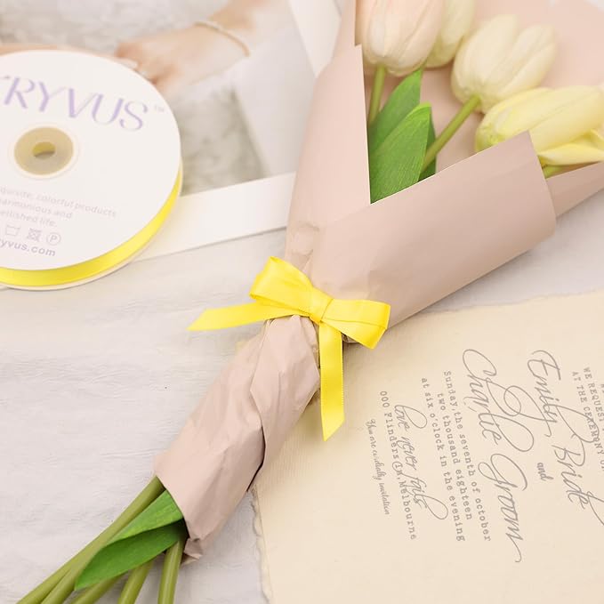 Daffodil Yellow Satin Ribbon, Double Faced 3/8 Inch X 50 Yards Daffodil Ribbon, Premium Satin Ribbon for Gift Wrapping, Crafts, Hair Bow Making, Sewing, Flower Bouquet, Wedding Party Decor