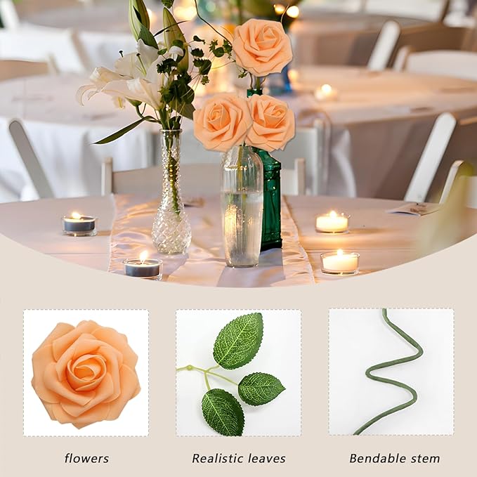 200PCS Orange Artificial Flowers Roses Real Looking Foam Fake Roses with Leaves for DIY Wedding Bouquets Bridal Shower Party Decorations (Orange, 200)