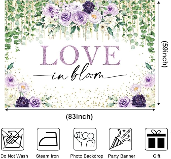 Love in Bloom Bridal Shower Backdrop 7x5ft Wedding Shower Spring Purple Floral Engagement Bachelorette Party Decorations Photography Background