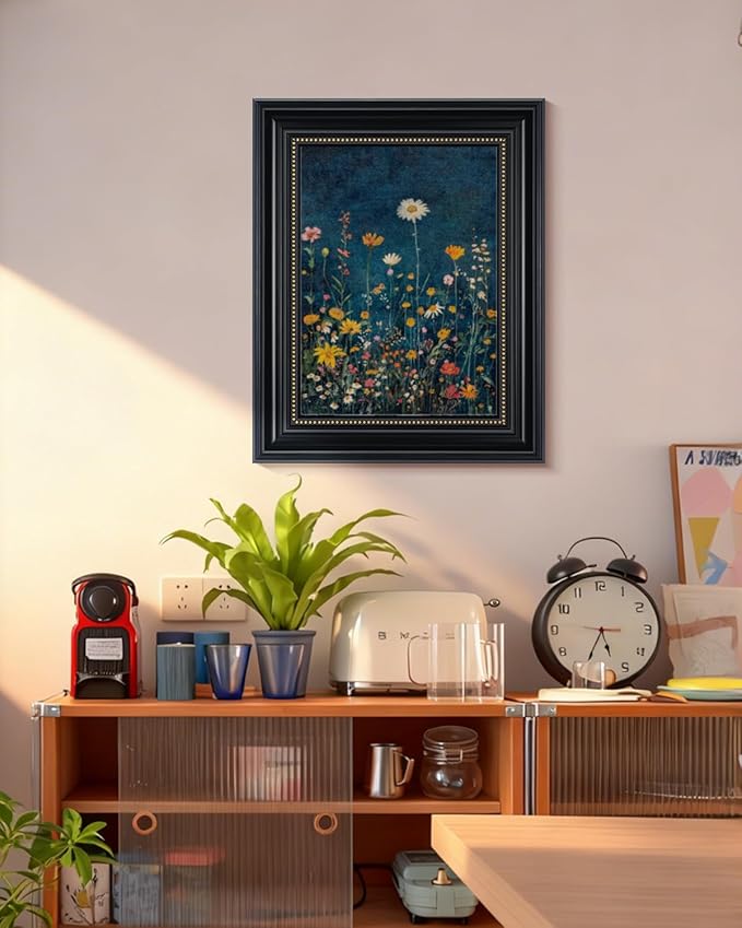 WHASAYART Vintage 3D Textured Botanical Floral 16x20 Framed Wildflower Wall Art, Rustic Dark Blue Colorful Flower Artwork, Retro Vibrant Painting Living Room Kitchen Bedroom Hallway Home Decor