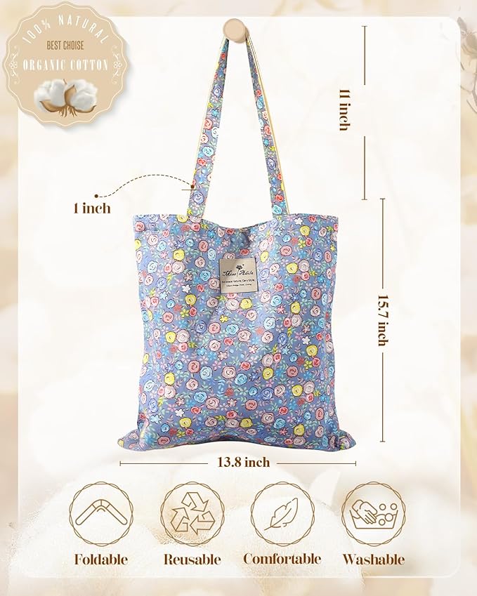 Aesthetic Cotton Tote Bag for Women - Reusable Shoulder Bag with Buckle Fabric Bag for Gym, Travel, Work