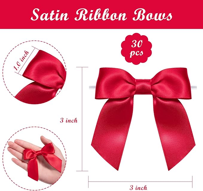 WRAPAHOLIC 30 Pcs 3" Red Satin Ribbon Bows with Twist Tie - Pretied Premade Craft Bows for Christmas Party Crafts Treat Bags Gift Wrapping Wedding Birthday Baby Shower