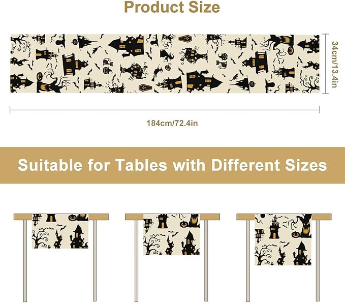 Halloween Table Runner, Retro Gothic Spoonky House Day of Death Mysterious Halloween Coffee Table Center Decor for Home Kitchen Dining Patio Holiday Party Table Decorations 13x72 inches