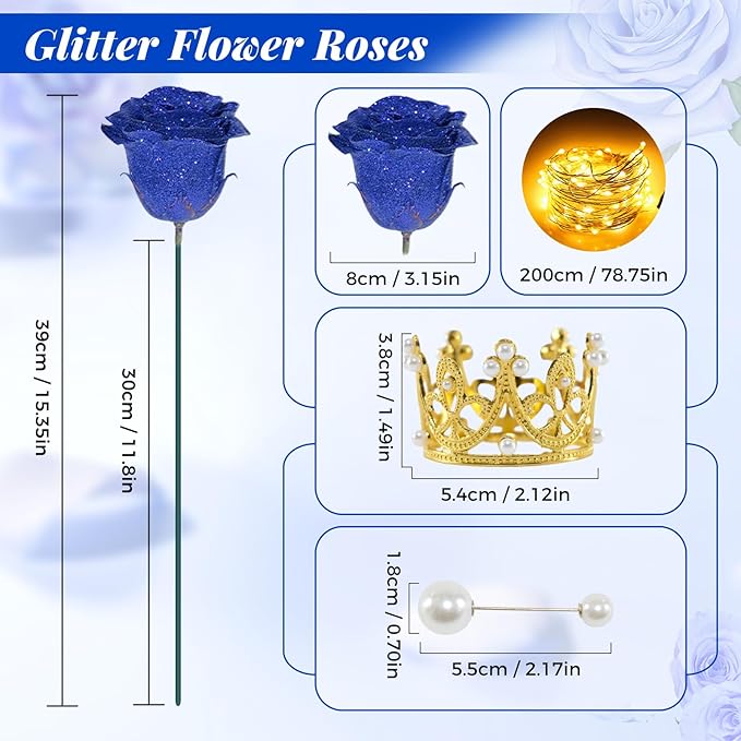 Blue Glitter Roses Bouquet, 24 Pcs Shiny Glitter Flowers Bouquet, Everlasting DIY Artificial Roses Bouquet for Christmas, Birthday, Anniversary, Wedding, Engagement