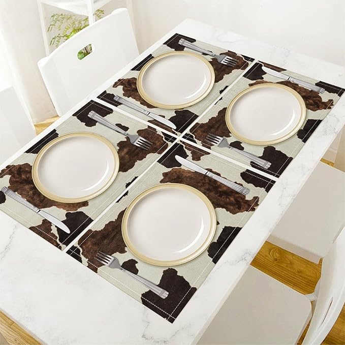 Cow Print Placemats Set of 4 Western Rustic Farmhouse Animal Fur Print Art Printed Dining Table Mats for Restaurant Home Kitchen Holiday Decor 12x18in