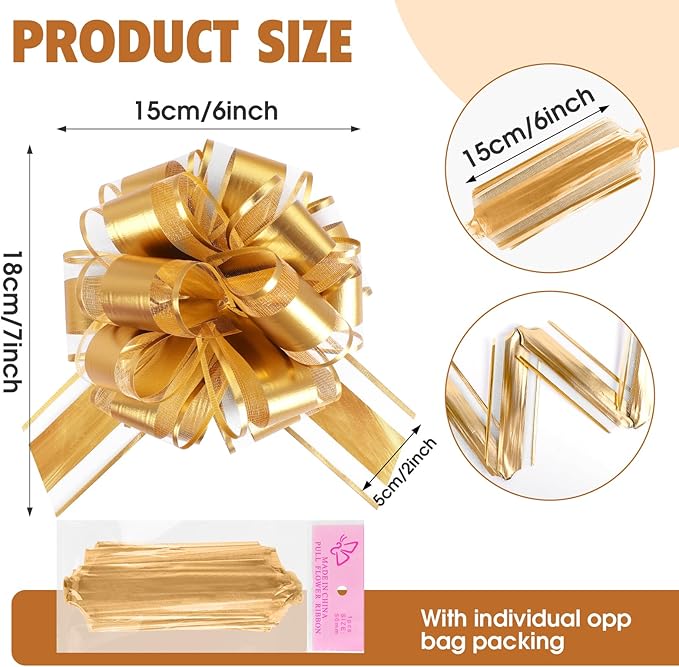 24PCS 6 Inch Large Pull Bows,Gold Bow for Gift Wrapping,Party Gift Wedding Ribbon Bows for Wrapping Boxes or Flower Decorations,Perfect for Christmas Valentine's Day Decoration Bow（Gold）