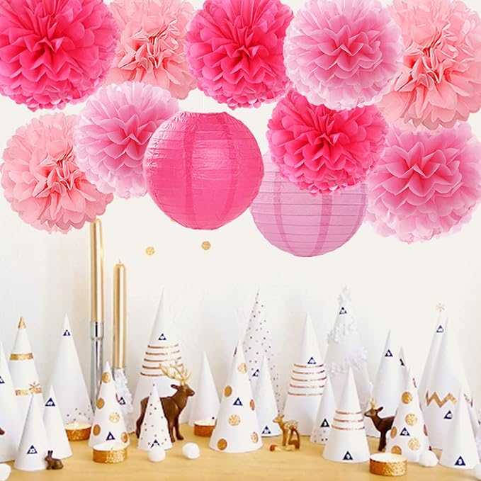 Hot Pink Paper Flowers Tissue Pom Poms Honeycomb Lanterns 15pcs Party Decorations for Birthday Bachelorette Women Girls Night Baby Shower Bridal Wedding Valentine Hanging Supplies Mprocherify