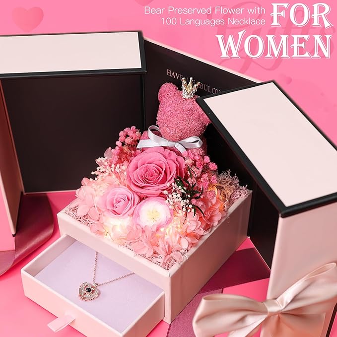 Gifts for Mom Grandma Christmas Birthday Preserved Flowers Roses with Heart Necklace Fresh Flowers for delivery Prime Eternal Forever Flower Box Xmas Gifts for Women Mother Her Wife from Daughter