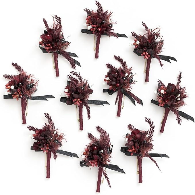 Ling's Moment Boutonniere for Men, 10pcs Groomsmen Guest Boutonniere, Artificial Flowers for Wedding Décor/Prom/Homecoming,etc.Black Gothic Burgundy