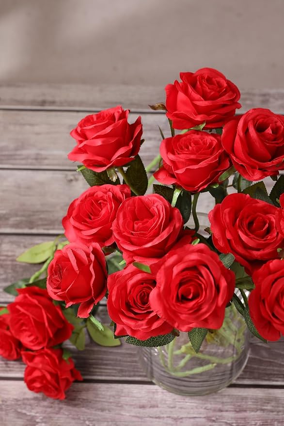 Luyue 10PCS Artificial Roses Flower with Stems Slik Fake Flowers Bouquet Realistic Long Stem Faux Rose for Valentines Day Wedding Home Decor