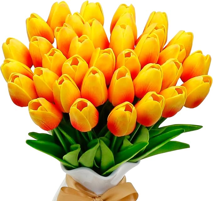 36 PCS Orange Tulips Artificial Flowers 13" PU Fake Flowers for Wedding Home Decor(Orange)
