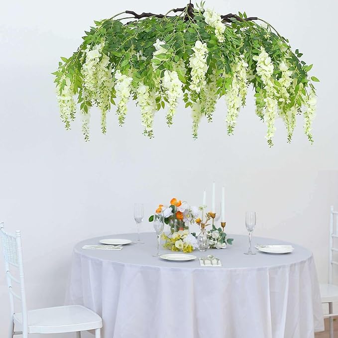 Efavormart 55" Cream Artificial Silk Wisteria Vine Round Hanging Canopy, Draping Garland Flower Chandelier with Interchangeable Branches