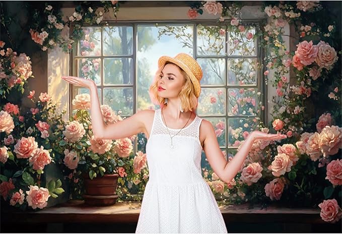 Baocicco 10x6.5ft Window Floral Backdrop Photography Flowers Wedding Bridal Shower Photography Background Retro Oil Painting Flower Banner for Girls Women Birthday Newborn Party Decorations Props