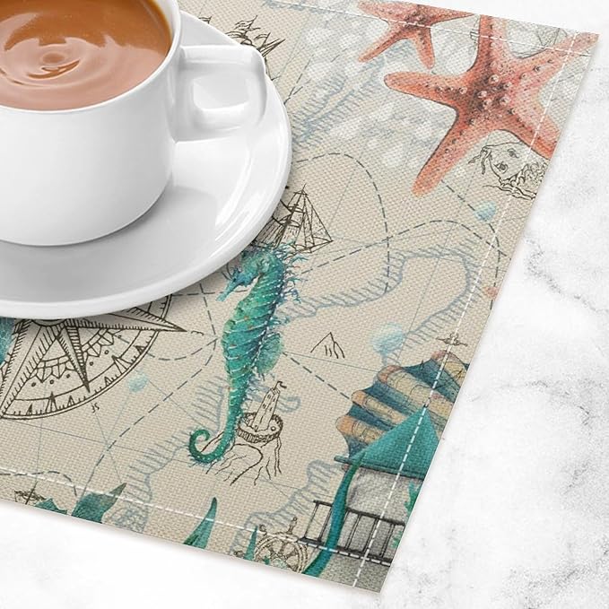 Sea Turtles Placemats Beach Nautical Ocean Starfish Seashell Art Printed Dining Table Mats Set of 4 for Restaurant Home Kitchen Holiday Picnic Party Decor 12x18in