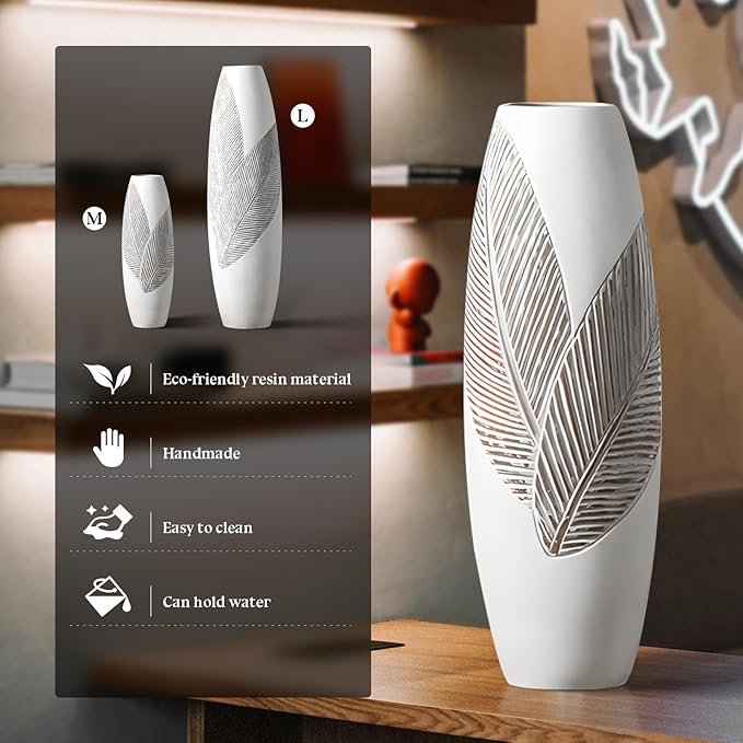Modern Large Floor Vase White Home Decor Flower Vases 17.7 Inch Tall Resin Vase Tree Leaf Texture Decor Vases for Entryway Living Room Mantel
