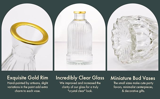 Premium Heirloom Hills Bud Vases for Home Decor, Crystal Clear Glass Flower Vase Set of 30 with Hand-Painted Gold Rims, Small Vases for Centerpieces and Wedding Decorations (Clear, Set of 30)