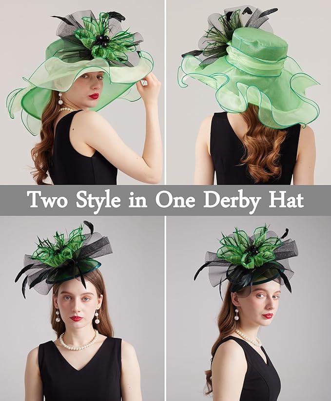 Organza Derby Hats for Women Wide Brim Fascinator Hat Rose Flower Wedding Tea Party Hat