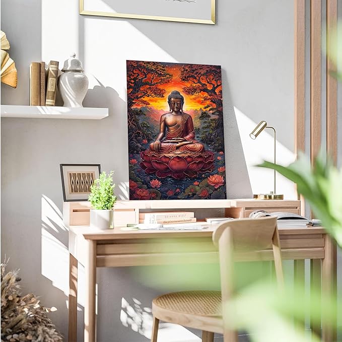 Golden Buddha on lotus seat serene meditation statue amidst lush trees flowing water and sunrise light spiritual home art for a tranquil decor 8x12in Wood Framed
