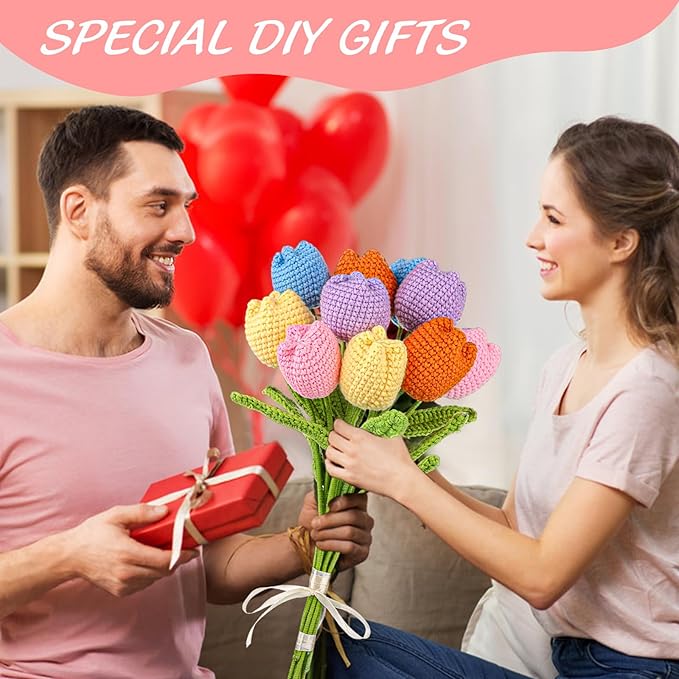 TLY 10 Pcs Crochet Tulips Flowers Artificial Flowers Bouquet Finished Handmade Knitted Tulip Bouquets with Leaf and Long Stem for Home Centerpieces Decor Valentine's Day Wedding Anniversary
