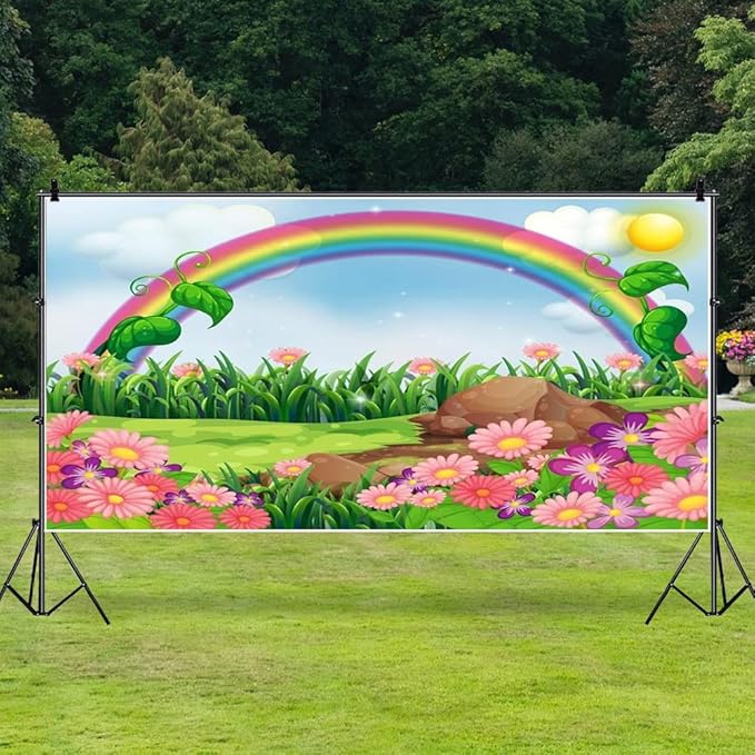 AOFOTO 15x8ft Cartoon Spring Flowers Rainbow Backdrop Meadow Sweet Floral Blossom Sky Sun Enchanting Garden Scenery Background for Kids Baby Shower Birthday Party Decor Wallpaper Photoshoot Props