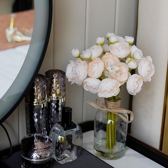 Ranunculus Artificial Flowers with Vase, 8 Pcs Faux Silk Ranunculus Flower in Vase, Small Flower Arrangements for Home Decor Indoor, Table Centerpiece. (Champagne)